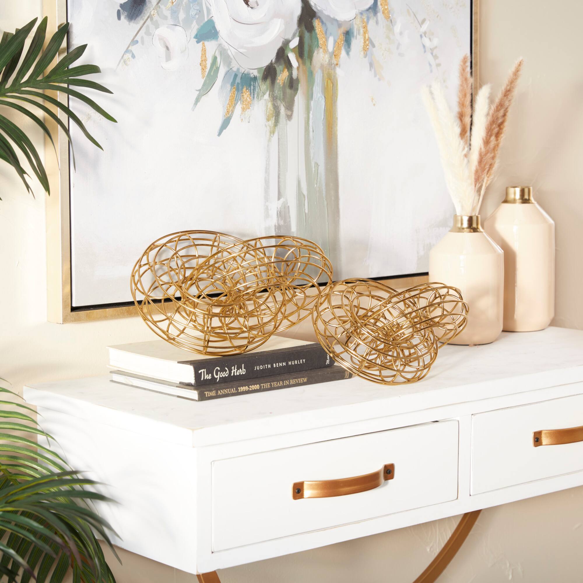 Set of 2 Gold Metal Contemporary Sculpture, 7" x 12" x 8"